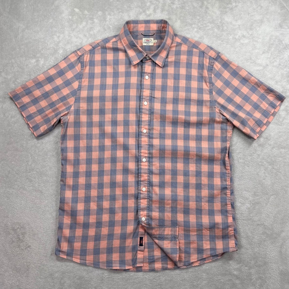 Faherty Shirt Mens Large Coral Blue Buffalo Check Short Sleeve Casual Preppy